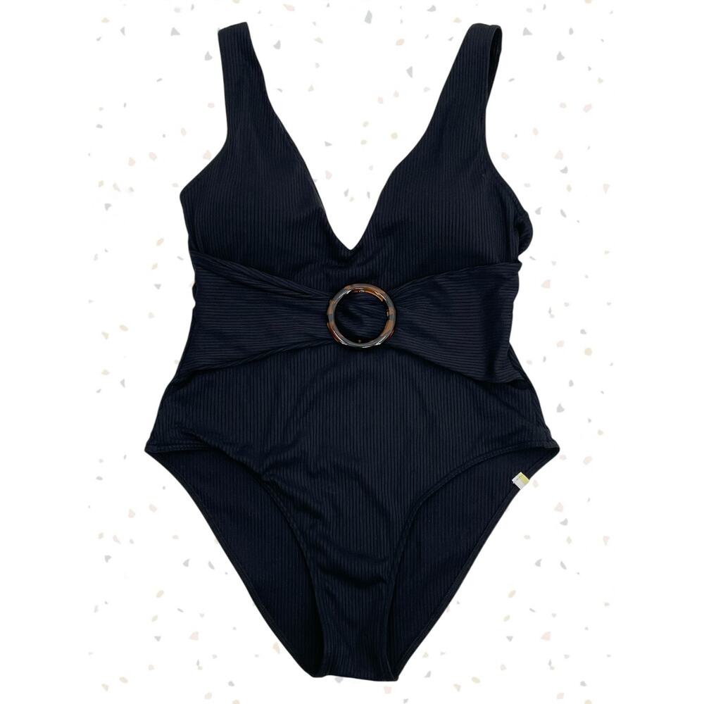 Summersalt Ribbed Belted Backflip Black One Piece Swimsuit Tortoise Ring Size 8